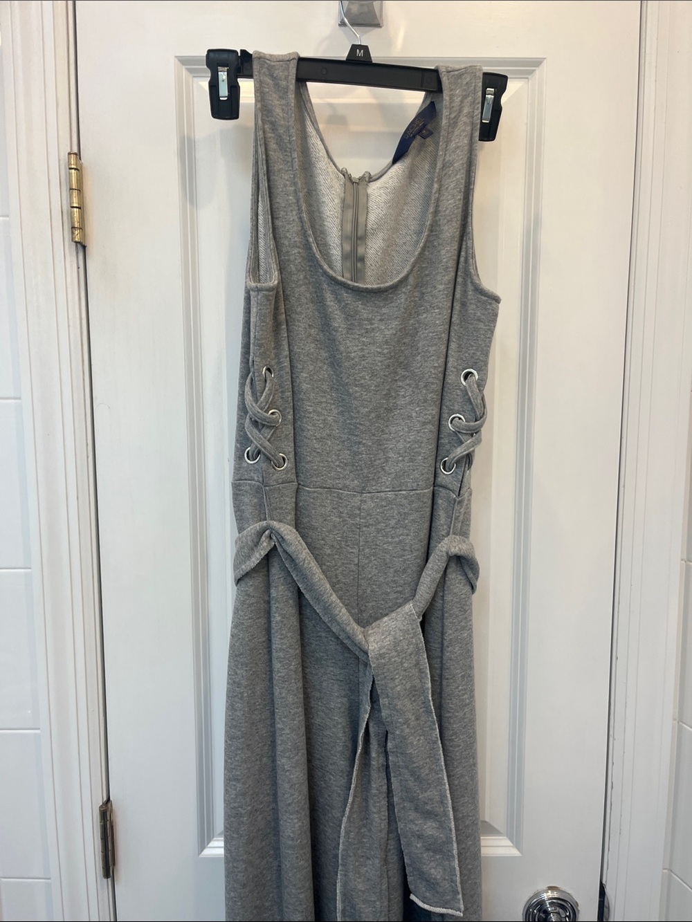 Gray Sleeveless Lace-Up wide leg belted jumpsuit.With tie waste.